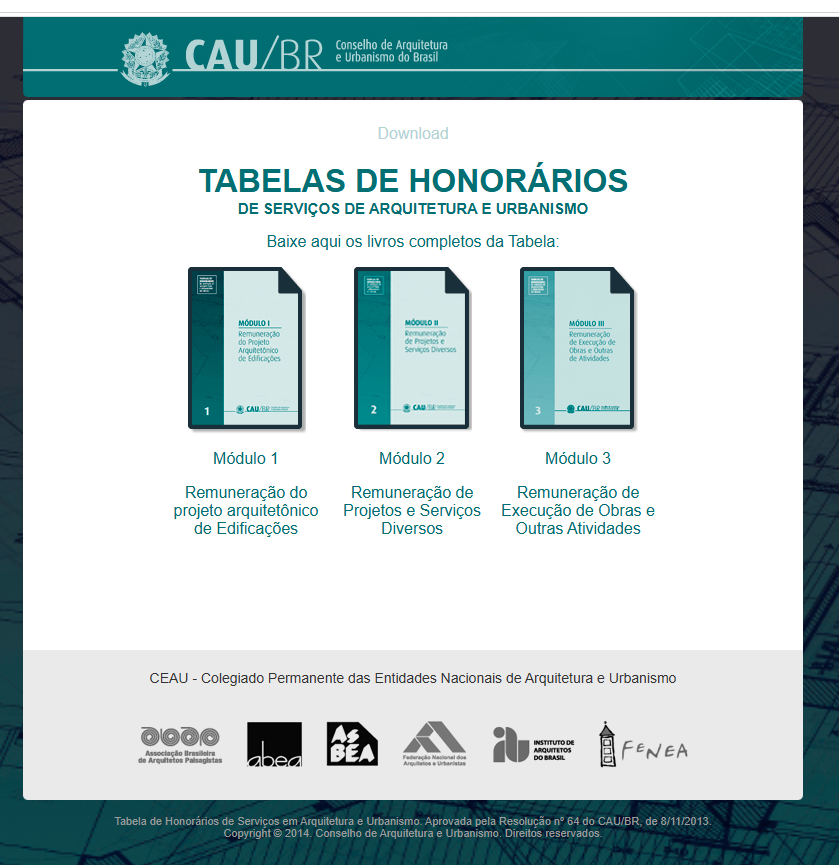 Página oficial das Tabelas de Honorários do CAU/BR com os três módulos